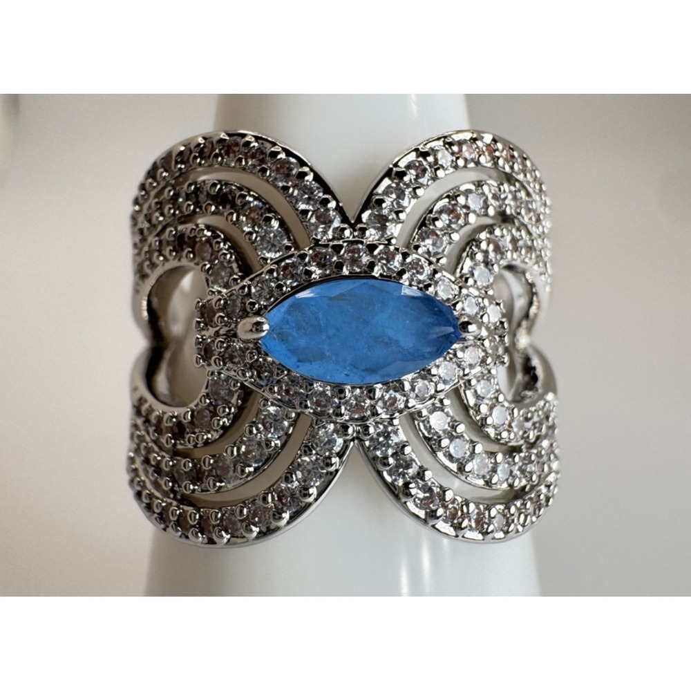 Ring Bomb Party Summer Magic Ocean Blue Quartz Rhodium Ring RG54097 Size 8